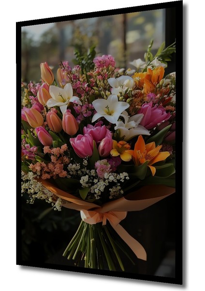 Renkli Lale ve Zambaak Buketi Sulu Boya Görünümlü Ahşap Dekoratif Tablo Dikdörtgen Tablo indirimleri
