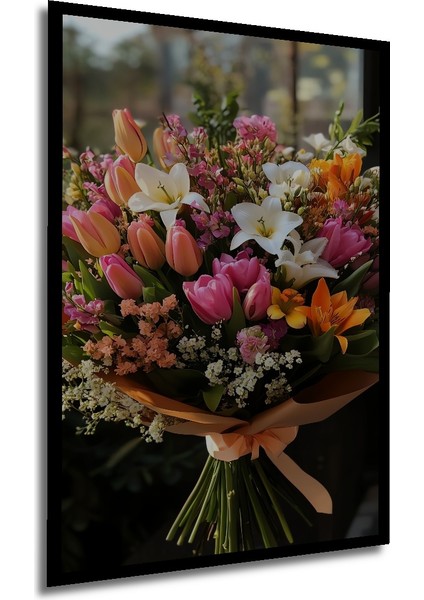 Renkli Lale ve Zambaak Buketi Sulu Boya Görünümlü Ahşap Dekoratif Tablo Dikdörtgen Tablo