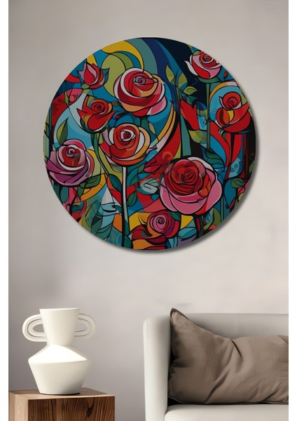 Canlı Renkler Gül Buketi Yağlı Boya Görünümlü Ahşap Dekoratif Tablo Yuvarlak Tablo