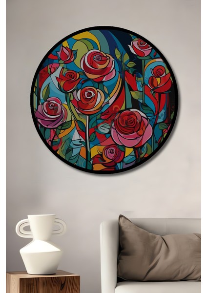 Canlı Renkler Gül Buketi Yağlı Boya Görünümlü Ahşap Dekoratif Tablo Yuvarlak Tablo fiyatları