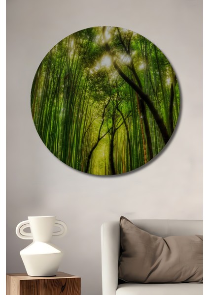 Yeşil Orman Yolu Yağlı Boya Görünümlü Ahşap Dekoratif Tablo Yuvarlak Tablo