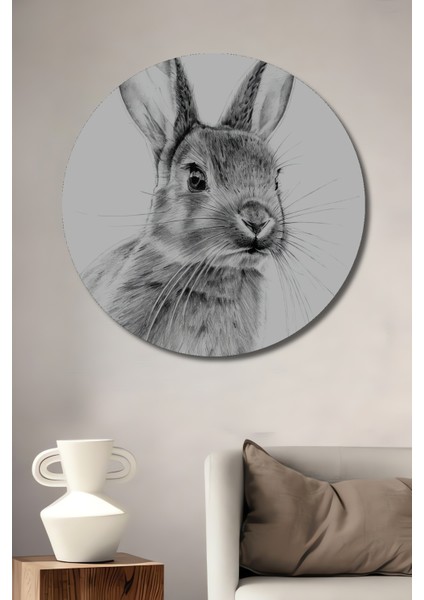 Tavşan Kara Kalem Görünümlü Ahşap Dekoratif Tablo Yuvarlak Tablo