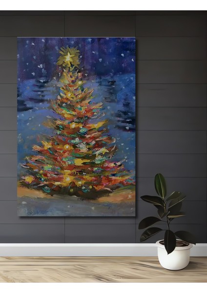 Işıltılı Yılbaşı Ağacı Yağlı Boya Görünümlü Ahşap Dekoratif Tablo Dikdörtgen Tablo