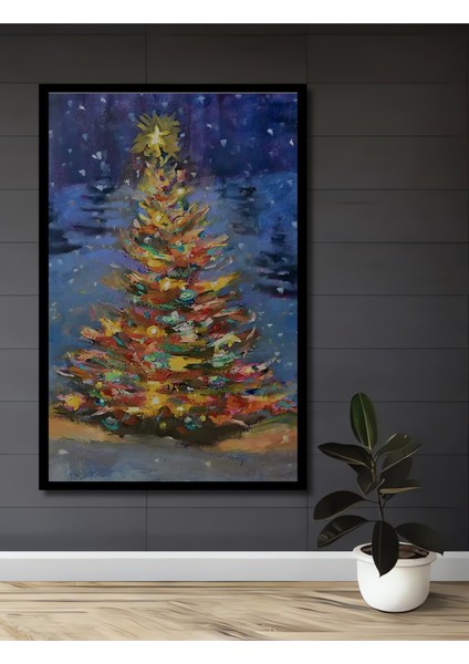 Işıltılı Yılbaşı Ağacı Yağlı Boya Görünümlü Ahşap Dekoratif Tablo Dikdörtgen Tablo fiyatları