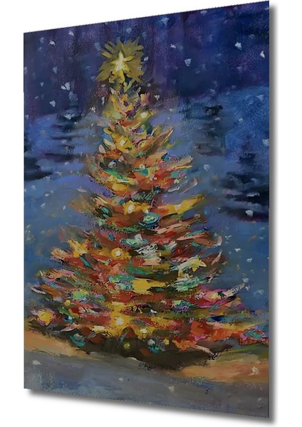 Işıltılı Yılbaşı Ağacı Yağlı Boya Görünümlü Ahşap Dekoratif Tablo Dikdörtgen Tablo modelleri