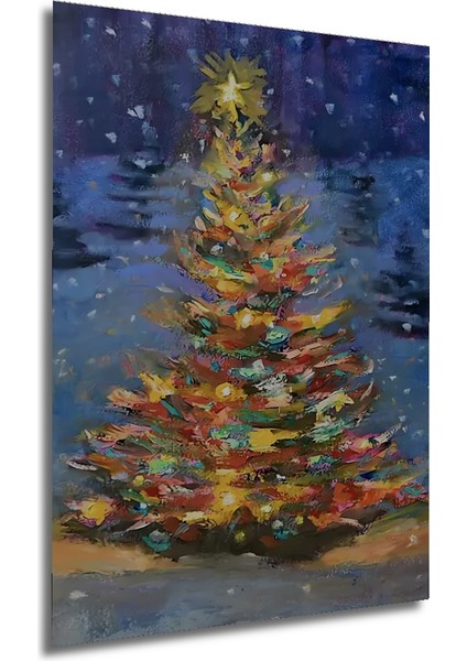 Işıltılı Yılbaşı Ağacı Yağlı Boya Görünümlü Ahşap Dekoratif Tablo Dikdörtgen Tablo fırsatları