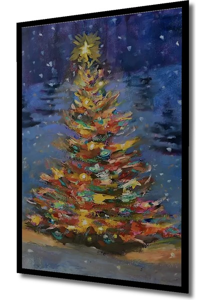 Işıltılı Yılbaşı Ağacı Yağlı Boya Görünümlü Ahşap Dekoratif Tablo Dikdörtgen Tablo indirimleri