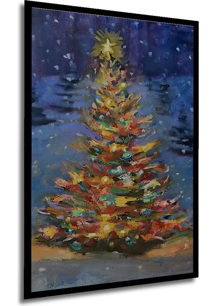 Işıltılı Yılbaşı Ağacı Yağlı Boya Görünümlü Ahşap Dekoratif Tablo Dikdörtgen Tablo