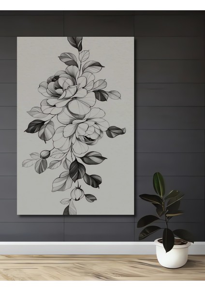 Siyah Beyaz Kara Kalem Çiçek Bahçesi Ahşap Dekoratif Tablo Dikdörtgen Tablo