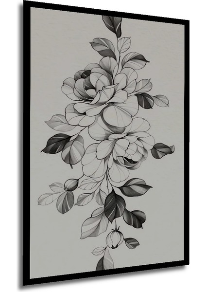 Siyah Beyaz Kara Kalem Çiçek Bahçesi Ahşap Dekoratif Tablo Dikdörtgen Tablo