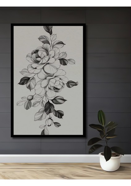 Siyah Beyaz Kara Kalem Çiçek Bahçesi Ahşap Dekoratif Tablo Dikdörtgen Tablo fiyatları