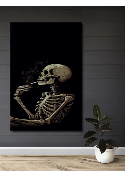 Sigara Içen Iskelet Yağlı Boya Görünümlü Ahşap Dekoratif Tablo Dikdörtgen Tablo