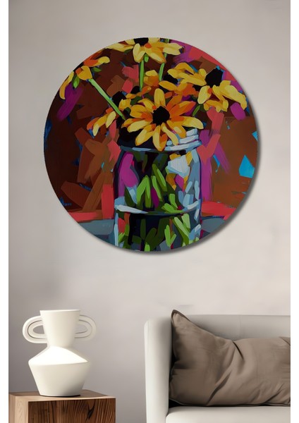 Sulu Boya Görünümlü Vazo Içinde Çiçekler Ahşap Dekoratif Tablo Yuvarlak Tablo