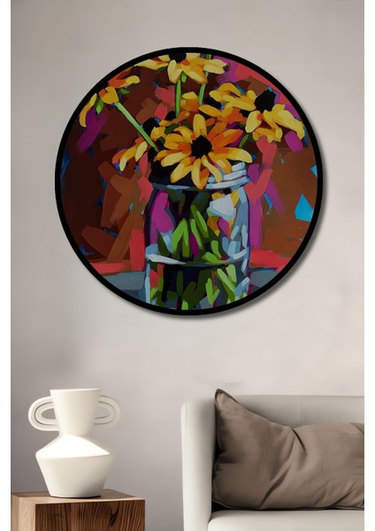Sulu Boya Görünümlü Vazo Içinde Çiçekler Ahşap Dekoratif Tablo Yuvarlak Tablo fiyatları