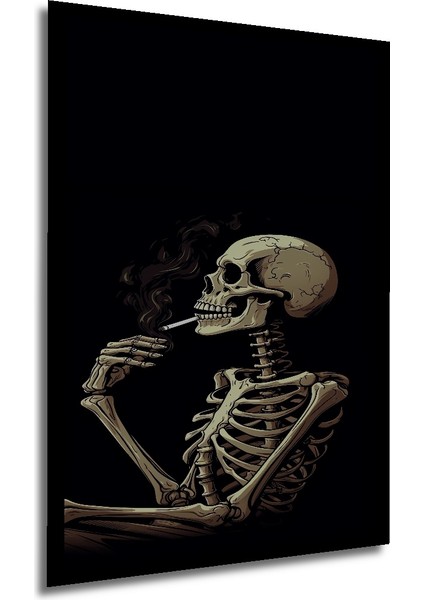 Sigara Içen Iskelet Yağlı Boya Görünümlü Ahşap Dekoratif Tablo Dikdörtgen Tablo