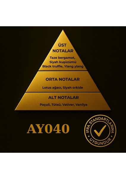 AY040 Extrait Unısex Parfüm__siyah Trüf, Bergamot,ylang-Ylang, Frenk Üzümü, Lotus, Baharat Karışımı, Paçuli, Vanilya, Amber, Sandal Ağacı Içerir. modelleri
