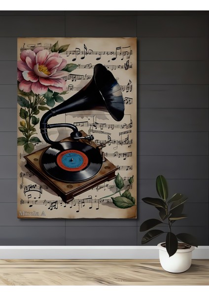 Romantik Nostaljik Müzik Gramofon Çiçek Sulu Boya Görünümlü Ahşap Dekoratif Tablo Dikdörtgen Tablo