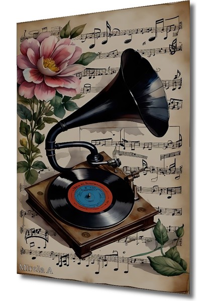 Romantik Nostaljik Müzik Gramofon Çiçek Sulu Boya Görünümlü Ahşap Dekoratif Tablo Dikdörtgen Tablo modelleri