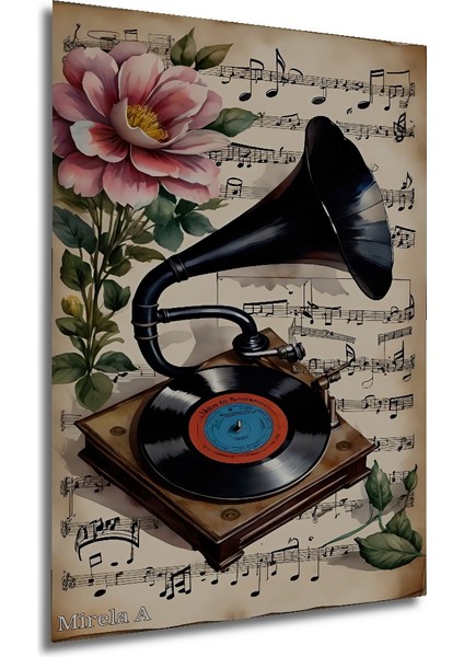 Romantik Nostaljik Müzik Gramofon Çiçek Sulu Boya Görünümlü Ahşap Dekoratif Tablo Dikdörtgen Tablo fırsatları