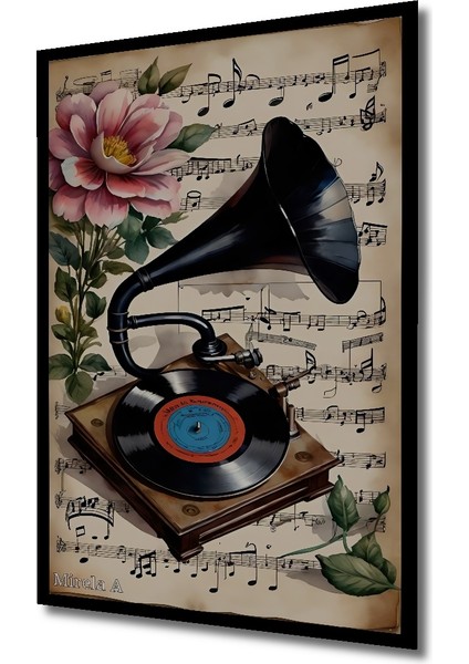 Romantik Nostaljik Müzik Gramofon Çiçek Sulu Boya Görünümlü Ahşap Dekoratif Tablo Dikdörtgen Tablo indirimleri
