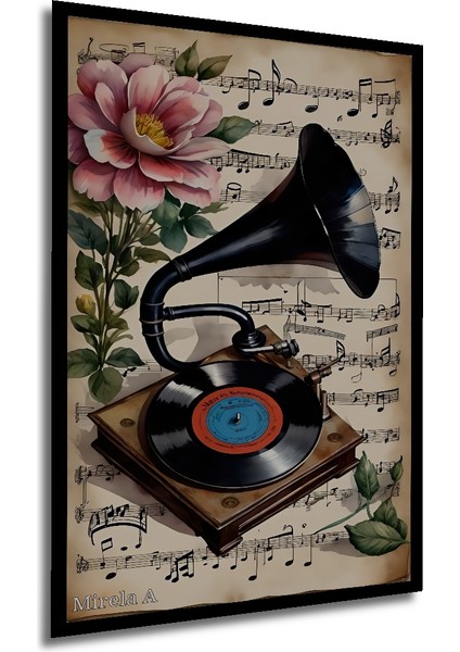 Romantik Nostaljik Müzik Gramofon Çiçek Sulu Boya Görünümlü Ahşap Dekoratif Tablo Dikdörtgen Tablo