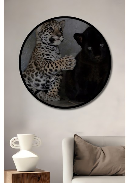 Mini Jaguar ve Kara Panter Yavrusu Yağlı Boya Görünümlü Dekoratif Ahşap Tablo Yuvarlak Tablo fiyatları