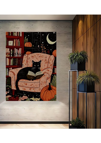 Sihirli Gece Kedi Kitap Okuma Yağlıboya Görünümlü Ahşap Dekoratif Tablo Dikdörtgen Tablo