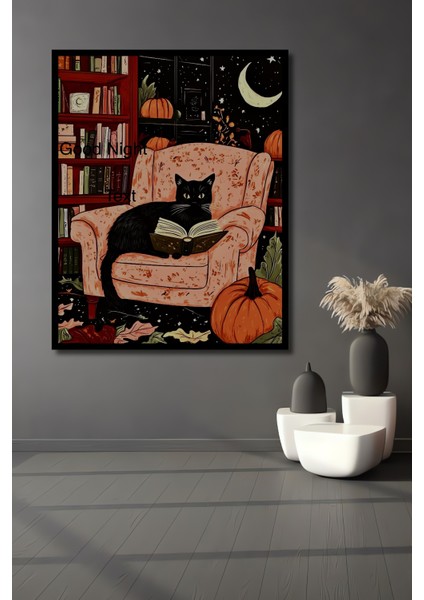 Sihirli Gece Kedi Kitap Okuma Yağlıboya Görünümlü Ahşap Dekoratif Tablo Dikdörtgen Tablo fiyatları