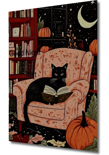 Sihirli Gece Kedi Kitap Okuma Yağlıboya Görünümlü Ahşap Dekoratif Tablo Dikdörtgen Tablo modelleri