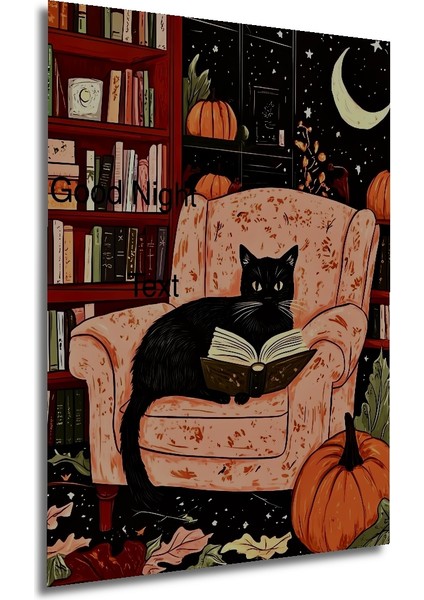 Sihirli Gece Kedi Kitap Okuma Yağlıboya Görünümlü Ahşap Dekoratif Tablo Dikdörtgen Tablo fırsatları