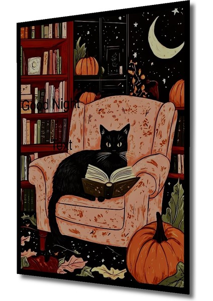 Sihirli Gece Kedi Kitap Okuma Yağlıboya Görünümlü Ahşap Dekoratif Tablo Dikdörtgen Tablo indirimleri