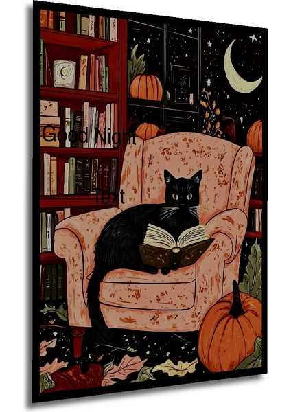 Sihirli Gece Kedi Kitap Okuma Yağlıboya Görünümlü Ahşap Dekoratif Tablo Dikdörtgen Tablo