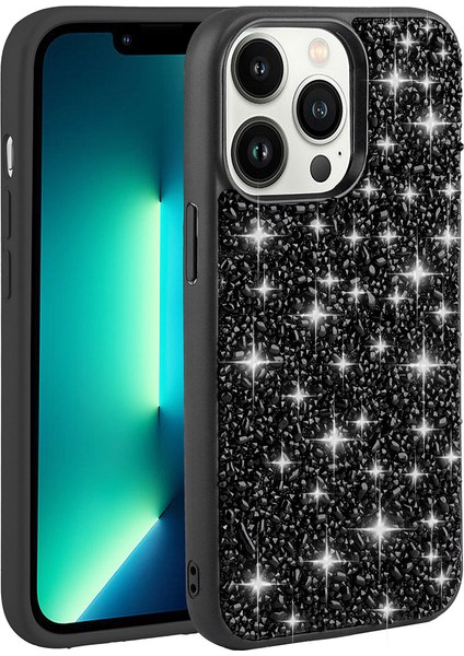 Apple iPhone 13 Pro Max Kılıf Parlak Taşlı Tasarım Spıa Linea Kapak-Siyah