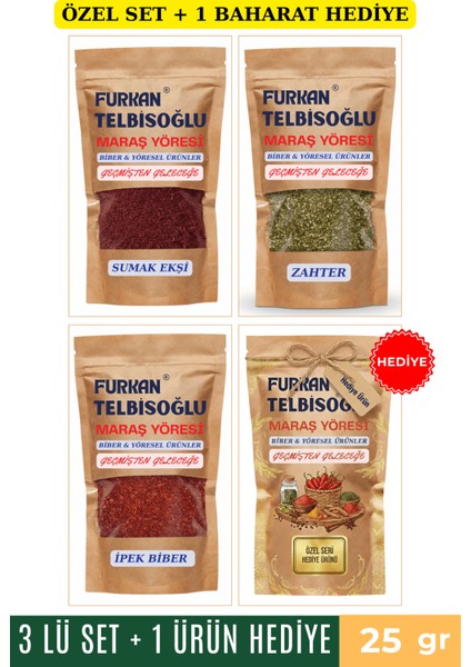 Ipek Biber 25GR + Sumak Ekşi Toz 25GR + Organik Zahter 25GR + 1 Baharat Hediye