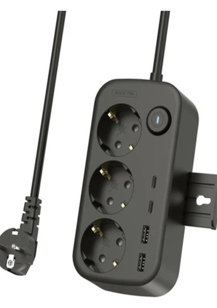 Akım Korumalı Priz 2 USB + 2 Type-C Girişli 2 Metre Kablosu Anahtarlı ve Duvara Monte Edilebilir