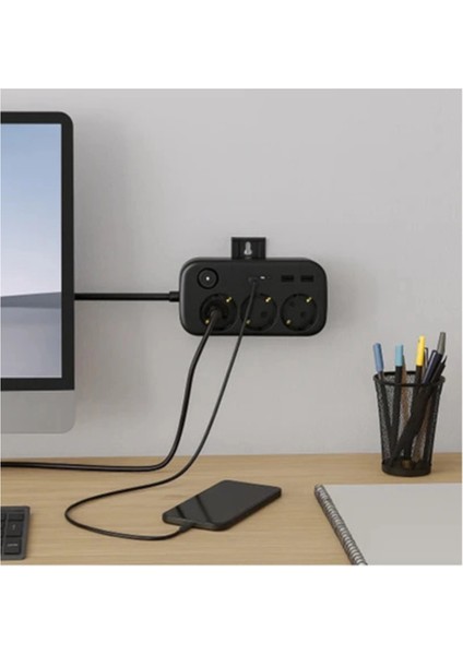 Akım Korumalı Priz 2 USB + 2 Type-C Girişli 2 Metre Kablosu Anahtarlı ve Duvara Monte Edilebilir modelleri