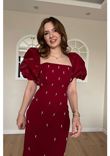 kare yaka maxi boy taş detaylı pera bordo elbise