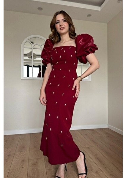 kare yaka maxi boy taş detaylı pera bordo elbise fiyatları