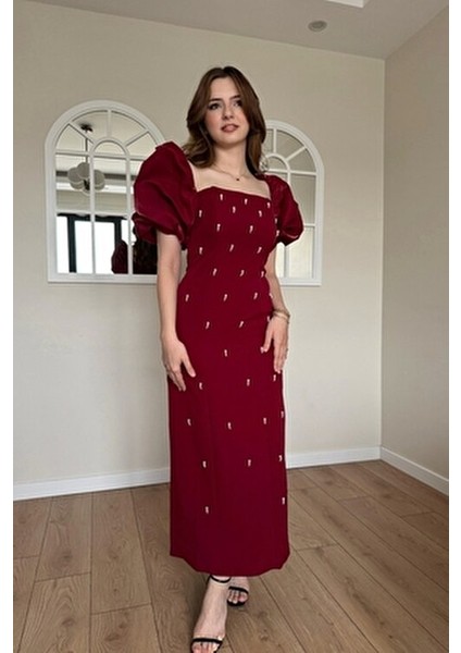 kare yaka maxi boy taş detaylı pera bordo elbise fırsatları
