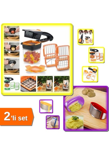 5 Fonksiyonlu Sebze - Meyve Doğrayıcı + Patates Püresi Yapma Aleti 2li Set - K3L9M6