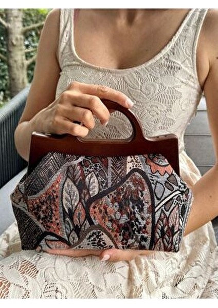 Penalope Collection - Zincirli, Ahşap Burslu Kumaş Çanta, Clutch, El Çantası, Çanta fiyatları