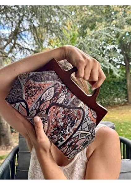 Penalope Collection - Zincirli, Ahşap Burslu Kumaş Çanta, Clutch, El Çantası, Çanta fırsatları