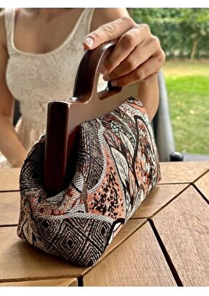 Penalope Collection - Zincirli, Ahşap Burslu Kumaş Çanta, Clutch, El Çantası, Çanta indirimleri