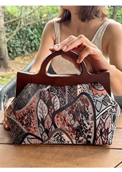 Penalope Collection - Zincirli, Ahşap Burslu Kumaş Çanta, Clutch, El Çantası, Çanta