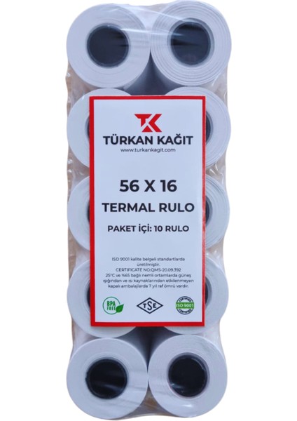 56X16 Termal Rulo Yazarkasa Pos Rulosu 1 Paket 10 Adet