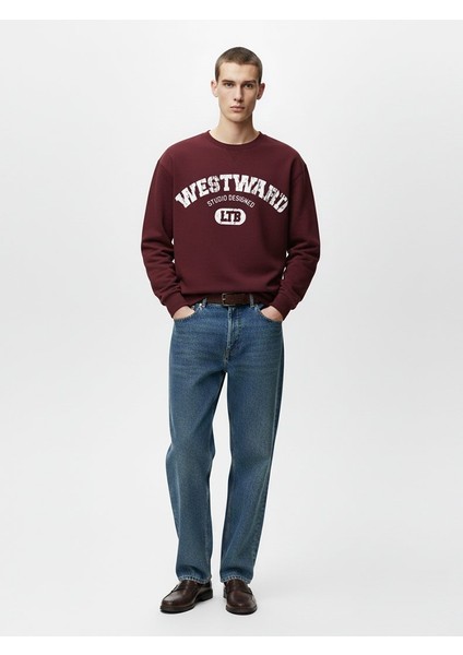 Uzun Kollu Sıfır Yaka Slogan Baskılı Kırmızı Sweatshırt