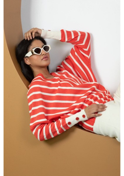 Kadın Çizgili V Yaka Triko Tunik Standart Beden 21004