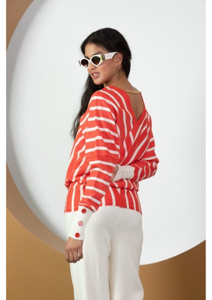 Kadın Çizgili V Yaka Triko Tunik Standart Beden 21004 modelleri