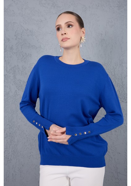 Kadın Saks Mavisi Çıtçıtlı Kollu Bisiklet Yaka Triko Bluz