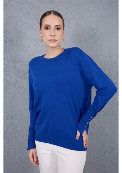 Kadın Saks Mavisi Çıtçıtlı Kollu Bisiklet Yaka Triko Bluz fiyatları